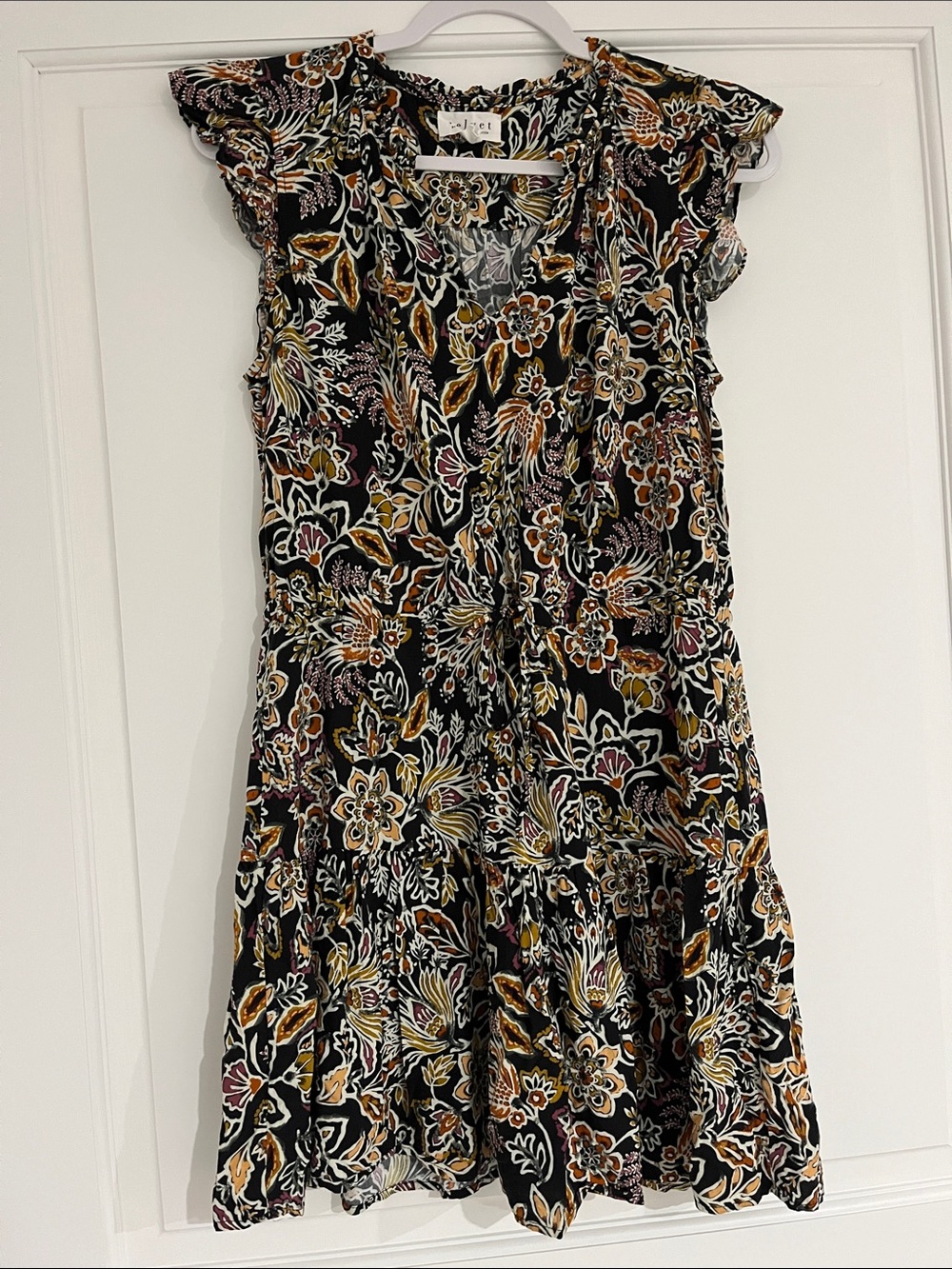 Velvet by Graham & Spencer Black Floral Tiered Dress with Ruffle Sleeves